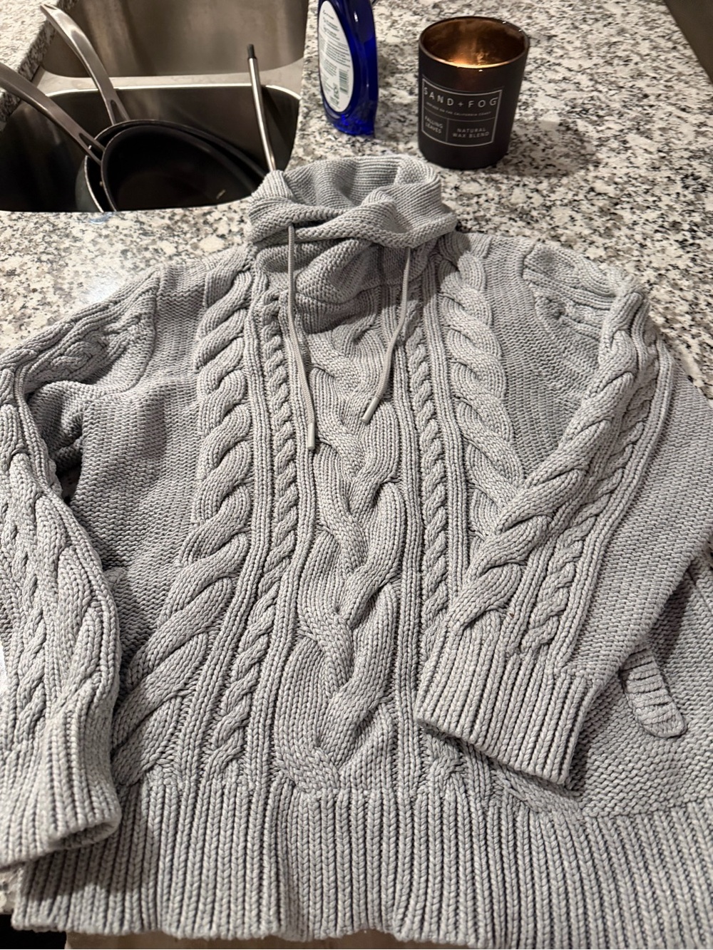 L.L. Bean Light Gray Cable-Knit Funnel Neck Sweater